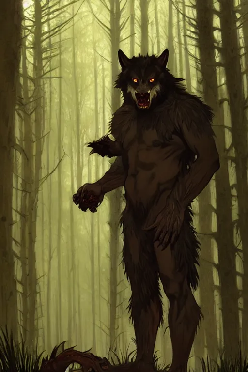 Image similar to fullbody portrait of a male werewolf, bared teeth, long claws, by greg rutkowski and alphonse mucha, gradient brown to silver, in front of a forest at night background, highly detailed portrait, digital painting, artstation, concept art, smooth, sharp focus illustration