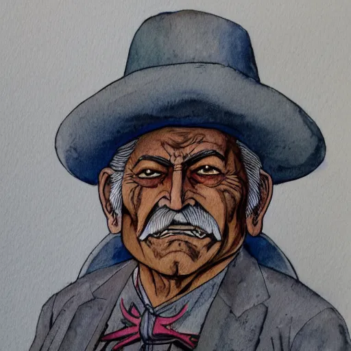 Image similar to a 3 / 4 view watercolor ink painting of old old mexican magician closes eyes, gray haired, in the style of jean giraud in the style of moebius trending on artstation deviantart pinterest detailed realistic hd 8 k high resolution