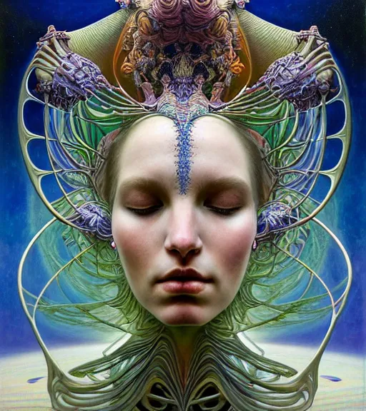 Image similar to detailed realistic beautiful young groovypunk queen of andromeda galaxy in full regal attire. face portrait. art nouveau, symbolist, visionary, baroque, giant fractal details. horizontal symmetry by zdzisław beksinski, iris van herpen, raymond swanland and alphonse mucha. highly detailed, hyper - real, beautiful