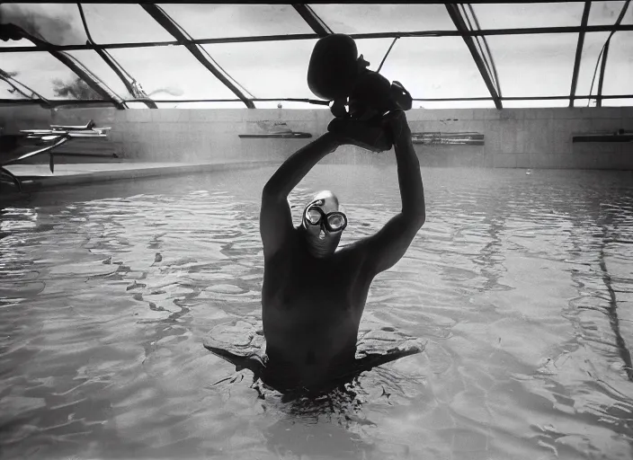 Prompt: welder in welding mask in swimming pool, by richard avedon, tri - x pan stock