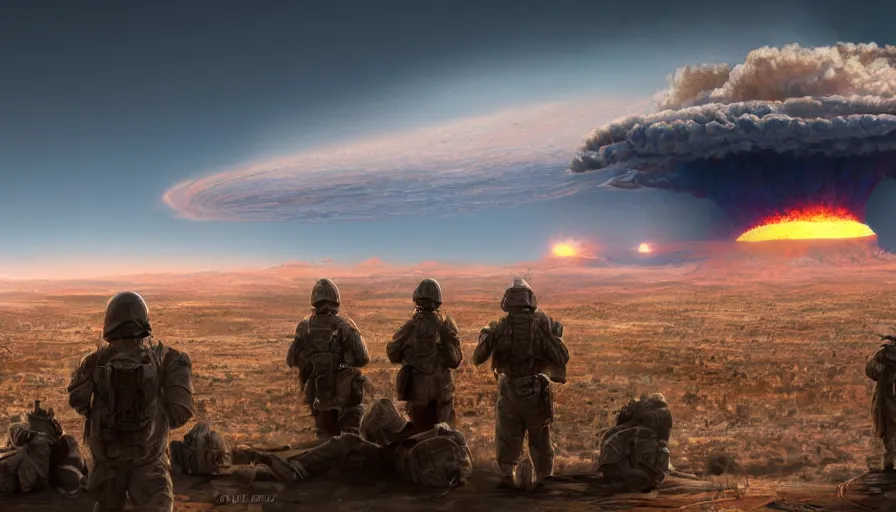 Image similar to troops on the hill looking at nuclear explosion cloud on las vegas, hyperdetailed, artstation, cgsociety, 8 k