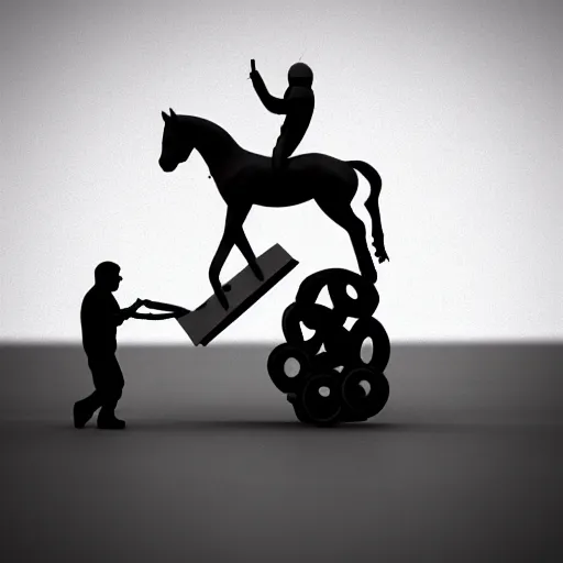 Prompt: an astronaut standing on the ground and a small trippy aggressive centaur standing on that poor standing on all fours astronaut, trying to ride it, the horse is on his shoulders, minimalist style, 3 d render, isometry