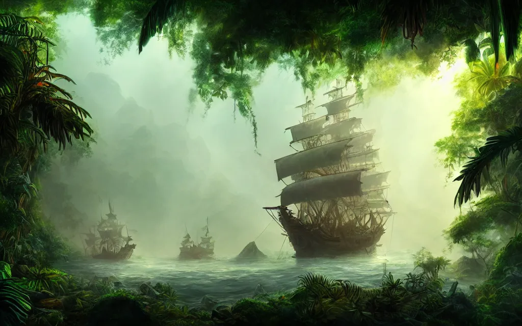 Image similar to a large pirate ship in a dense jungle, misty background, light rays, beautiful lighting, vivid colors, intricate, elegant, highly detailed digital painting, concept art, smooth, sharp focus, unreal engine, 4 k wallpaper, trending on cgsociety, trending on artstation