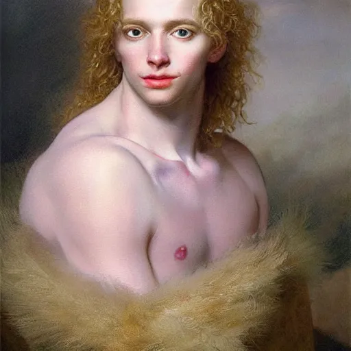 Prompt: a striking hyper real painting of Lucius the pretty pale androgynous albino prince, golden hour, beautiful delicate smile soft pink lips and lavender eyes, long fluffy curly light blond hair by Jan Matejko