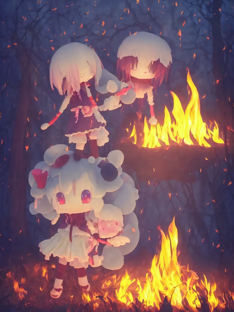 Image similar to cute fumo plush manic happy witch pyromaniac girl giddily starting a huge bonfire in the forest, anime, burning flames, warm glow and volumetric smoke vortices, rule of thirds composition, vignette, vray