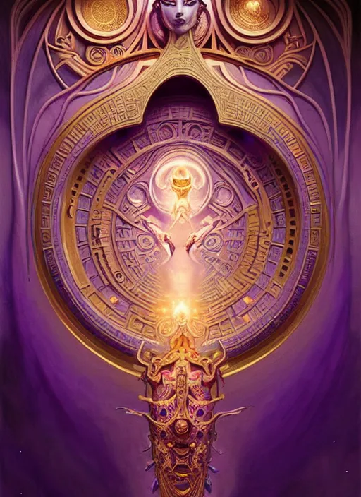 Prompt: ornate alien sacred sarcophagus, art nouveau hieroglyphics, lavender and gold palette, symmetry, fantasy, intricate, elegant, highly detailed, colorful, dark colors, dramatic shadow, digital painting, artstation, concept art, art by artgerm and greg rutkowski and ruan jia and fromsoftware