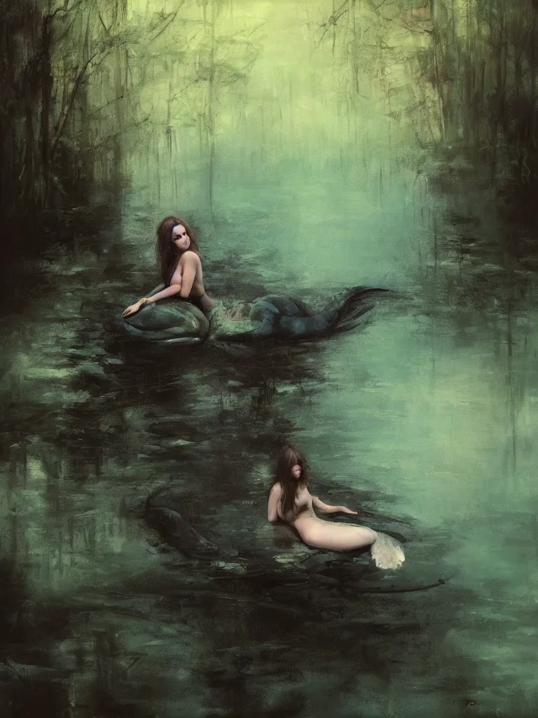 Prompt: detailed cinematic moody colors studio a mermaid resting near a pond a dense forest, high quality by jeremy mann, only one head single portrait