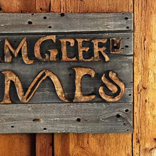 Prompt: An old English tavern sign with the words THE MULE, rustic, hyperdetailed, moody, wood