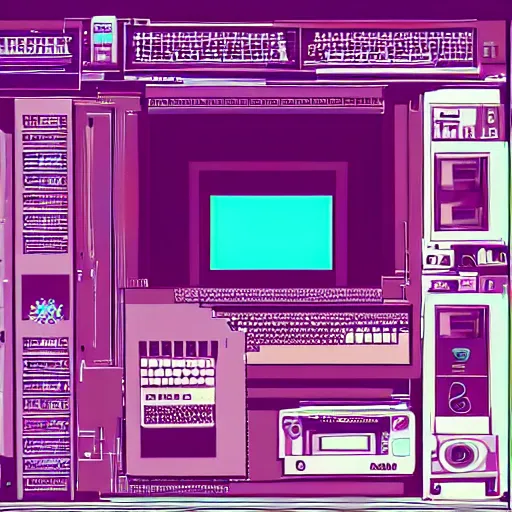 Prompt: a computer from the 90s in the style of vaporwave