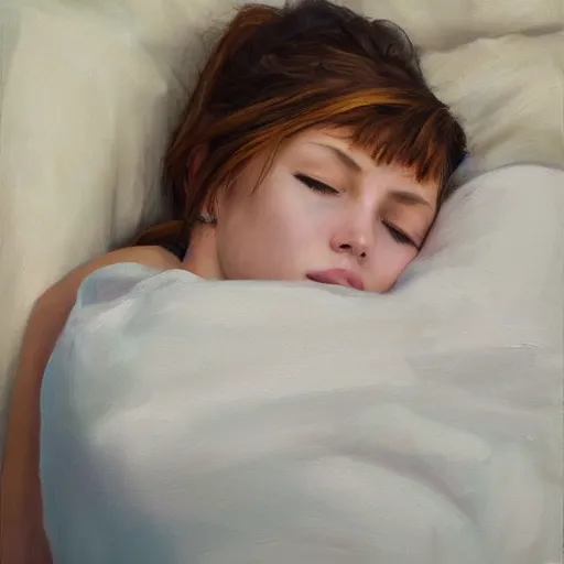 Prompt: full - bodied portait of sleeping girl, oil painting, high qulity realistic, hd, 8 k, art by evan wilson