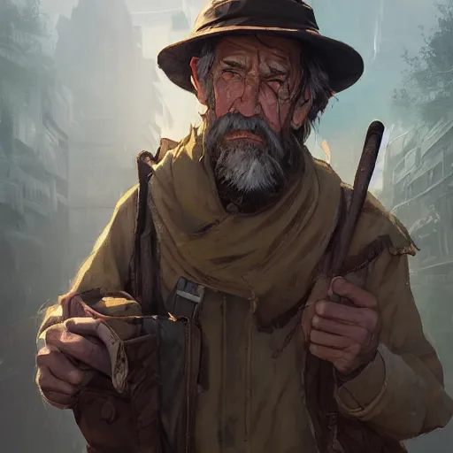 Image similar to character concept art of a hobo with rucksack, key visual, realistic shaded perfect face, fine details, dystopian environment and background, by stanley artgerm lau, wlop, rossdraws, james jean, andrei riabovitchev, marc simonetti, and sakimichan, trending on artstation in disco elysium