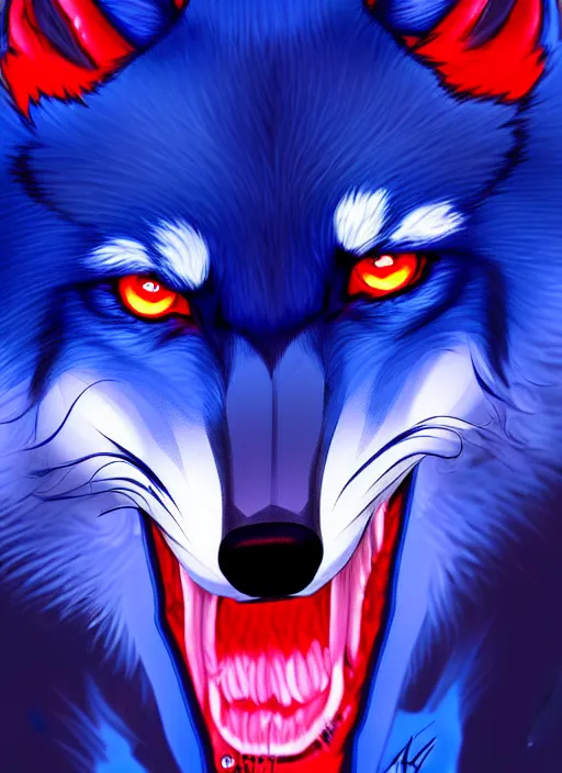 Image similar to blue wolf, red eyes highly detailed, deep focus, digital painting, smooth, sharp focus, anime art style, trending on artstation, 4 k