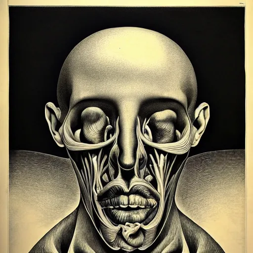 Image similar to surreal head anatomical atlas dissection center cut, lithography on paper conceptual figurative ( post - morden ) monumental dynamic soft shadow portrait drawn by hogarth and escher, inspired by goya, illusion surreal art, highly conceptual figurative art, intricate detailed illustration, controversial poster art, polish poster art, geometrical drawings, no blur