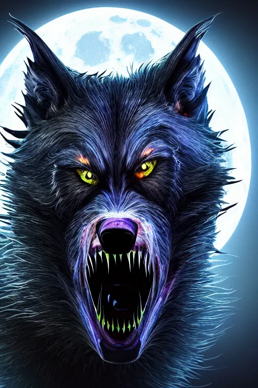 Image similar to a portrait of a scary snarling werewolf with sharp fangs and claws that is howling at the moon, highly detailed, digital photo, hdri, by christopher bretz and john carpenter, vivid colors, high contrast, 8 k resolution, intricate, photorealistic, smooth, psychedelic color scheme, concept art, award winning, cg society contest winner