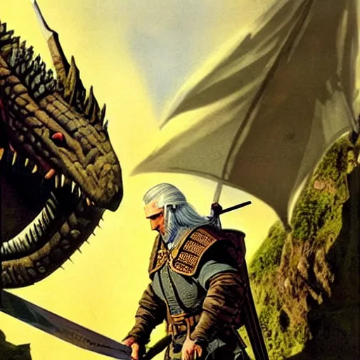 Image similar to geralt of rivia examines a sleeping dragon detailed american wwii propaganda poster by james gurney and pixar