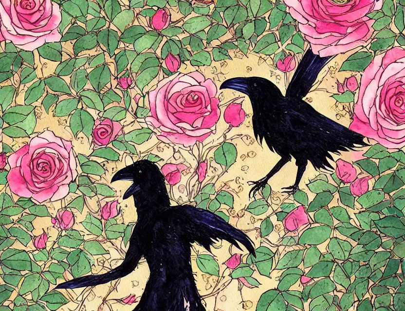 Image similar to faerie raven in a rose garden courtyard. this watercolor and gold leaf work by the award - winning mangaka has a beautiful composition and intricate details.