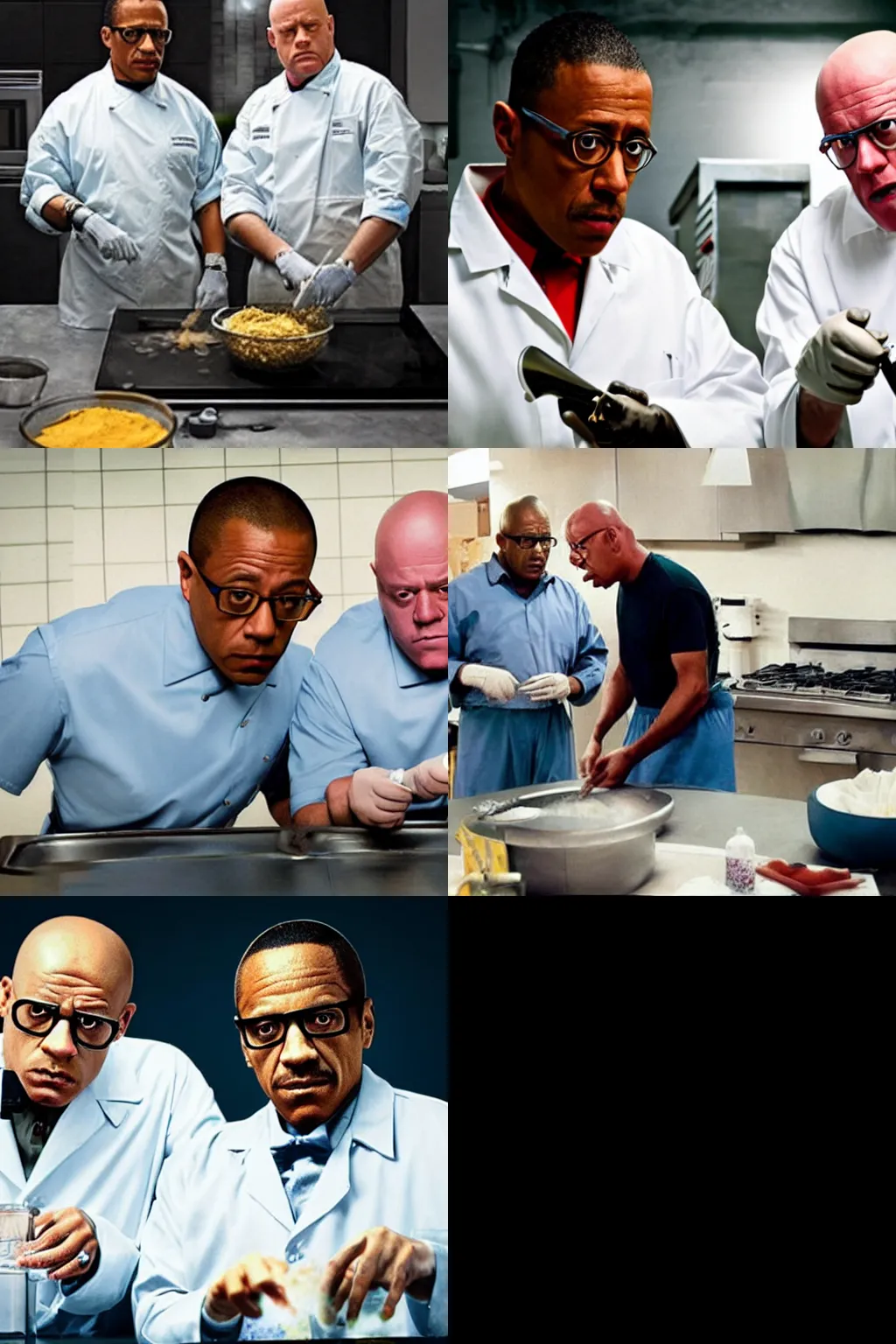 Prompt: Gustavo Fring and Hank Schrader cooking meth, ultra-realistic, real life