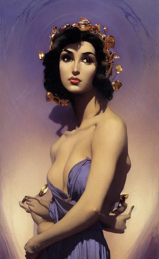 Image similar to a oil painting of a fair skin with dark hair queen in a metallic dress, by bruce pennington, by eyvind earle, by bouguereau by nicholas roerich, by frank frazetta, by georgia o keeffe, by dean cornwell, highly detailed, realistic, concept art, jewels, tiles curtains, oriental, desaturated