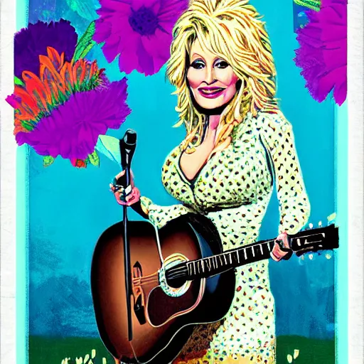 Prompt: young Dolly Parton portrait, posterized, floral, hippie