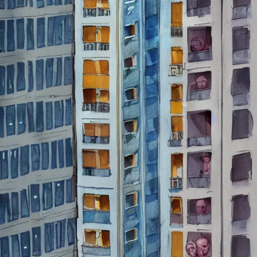 Image similar to detailed details some people tryin to fly from their apartement in the style of stephen bliss and alex ross, gouache and wash paints color, detailed details facial and body and human and environments and proportionate, detailed 5 k details.