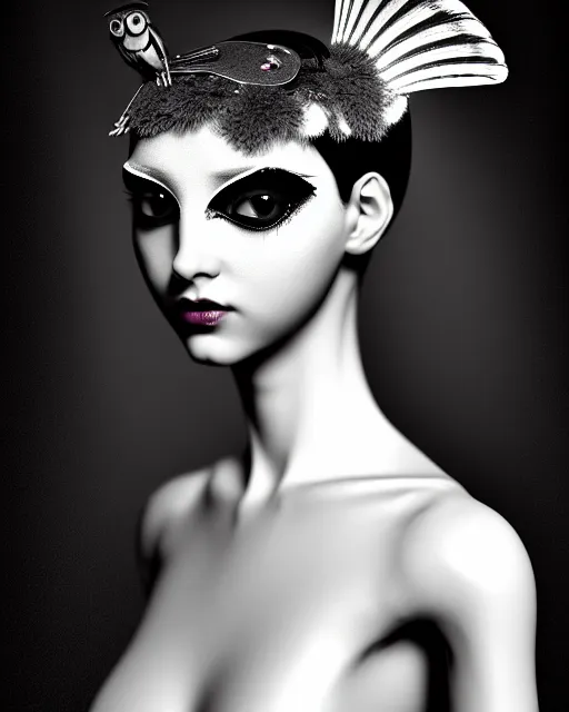 Image similar to surreal mythical dreamy dark artistic black and white fine art 3 / 4 fashion portrait photo of a young beautiful delicate female robot - owl with orchid - doll face, rim light, cinematic, studio dramatic light, poetic, masterpiece, octane render, 8 k, photo - realistic by gustave dore hg giger and man ray