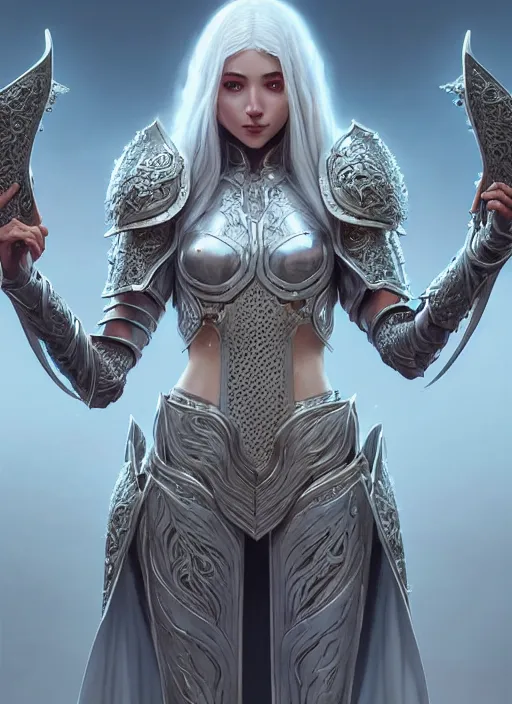 Image similar to light opal armor!!! long wild white hair!! covered chest!!! fantasy, d & d, intricate ornate details, symmetry, concept art, sharp focus, illustration, art by artgerm! greg rutkowski magali villeneuve wlop! ilya kuvshinov!!, octane render, unreal engine 5, highly rendered!!