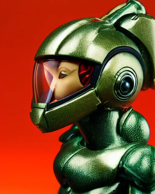 Image similar to helmet portrait of a figurine of samus aran's varia power suit from the sci - fi nintendo videogame metroid. designed by hiroji kiyotake, gene kohler and rodney brunet. metroid zero mission. metroid prime. glossy. red round helmet, orange shoulder pads, green visor. shallow depth of field. suit of armor.