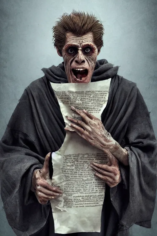 Prompt: A deranged filthy man looking like Willem Dafoe wearing long dark damaged ripped robes holding a magic paper scroll, long fingernails, unclipped fingernails, sharp fingernails, focus on face, sharp focus, digital painting, trending on artstation, concept art, fantasy, medieval, D&D