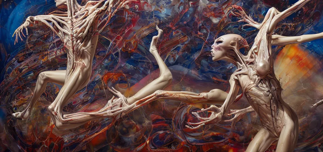 Prompt: abstract, fleshy anatomical skinny figures with extra limbs, hovering in the air, zero gravity, neurons firing, rich colours, karol bak, mark brooks, hauntingly surreal, highly detailed painting by katsuhiro otomo, part by james jean, part by adrian ghenie, part by gerhard richter, soft light 4 k