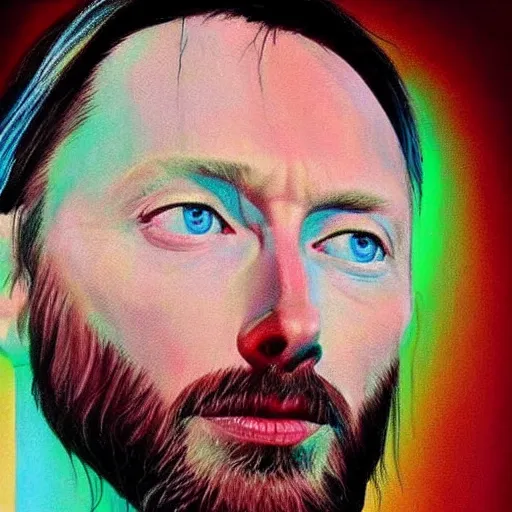 Prompt: Thom Yorke (lead singer of Radiohead) portrayed as Jesus. Hyperrealistic oil painting of Radiohead\'s Thom Yorke mixed with Jesus Christ. Detailed oil painting, Renaissance aesthetic
