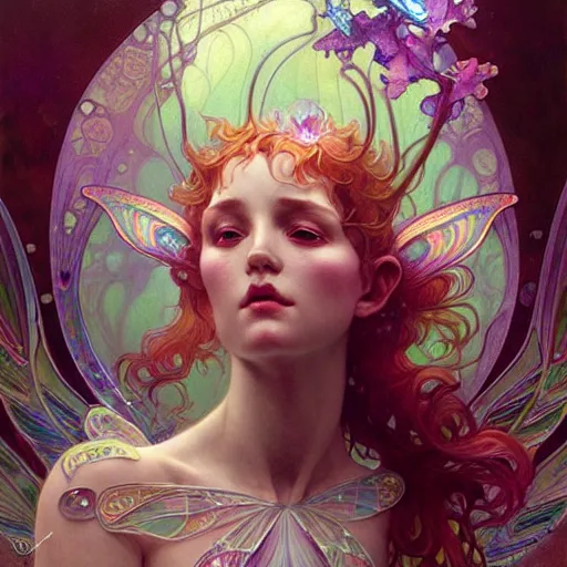 Image similar to An extremely psychedelic fairy made of crystal, surreal, face, detailed, intricate, elegant, lithe, highly detailed, digital painting, artstation, concept art, smooth, sharp focus, illustration, art by Krenz Cushart and Artem Demura and alphonse mucha