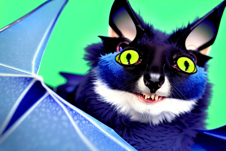 Image similar to a blue - and - black male catbat fursona with blue / green heterochromatic eyes ( differently - colored eyes, one green, one blue ) and huge bat ears, photo of the catbat streaming on his computer