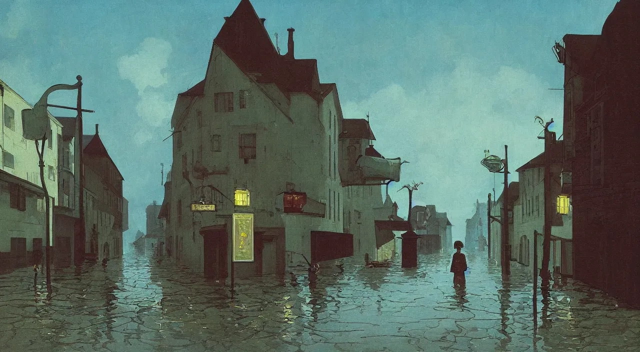 Prompt: single flooded simple wooden empty ancient old street, very coherent and colorful high contrast!! masterpiece by rene magritte simon stalenhag carl spitzweg syd mead norman rockwell edward hopper james gilleard, minimalist, dark shadows, sunny day, hard lighting