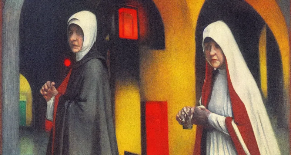 Prompt: portrait of a nun outside of the red light discrict, glowing with silver light, color by Franz Marc, highly detailed architecture by Jean-Léon Gérôme, by Winsor McCay, today's featured photograph, 16K