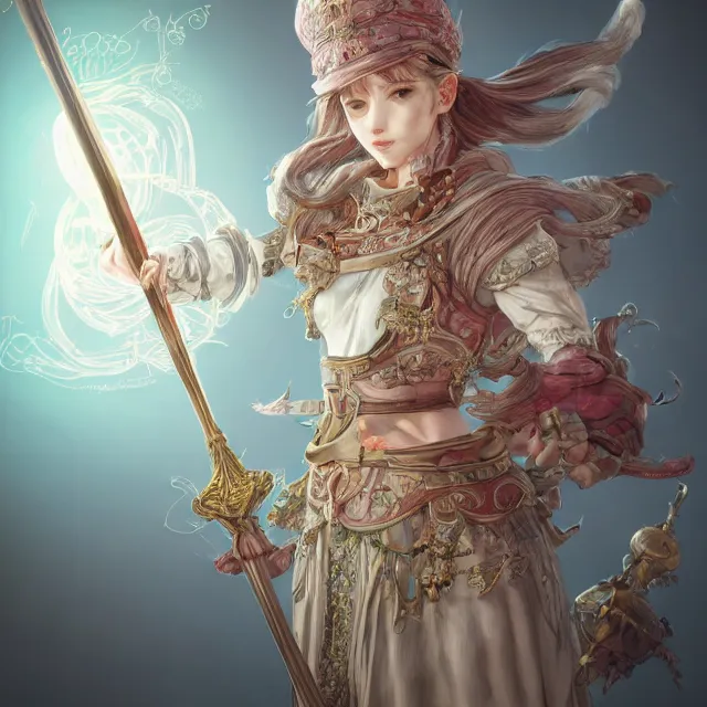 Image similar to studio portrait of neutral good colorful female cleric bard healer as absurdly beautiful, elegant, young skinny gravure idol, ultrafine hyperdetailed face illustration by kim jung gi, irakli nadar, intricate linework, sharp deep focus, bright colors, octopath traveler, final fantasy, unreal engine highly rendered, global illumination, radiant light, detailed and intricate environment