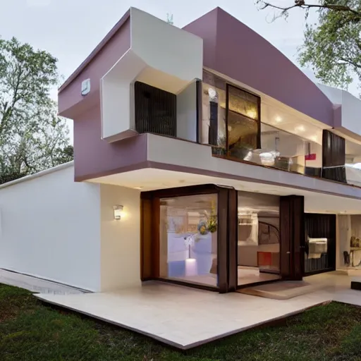 Prompt: a modern house made of cake, professional photo