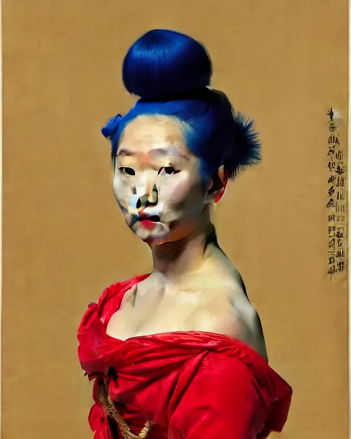 Prompt: photo-realistic portrait of an asian woman with blue hair buns, wearing a neon red dress by Vivienne Westwood, intricate details, masterpiece, in the style of Jean Auguste Dominique Ingres, black background