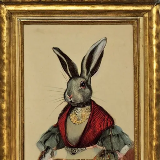 Image similar to a rabbit wearing a crown dressed as a queen, 19th century oil painting