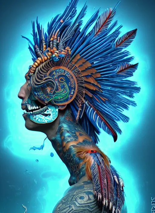 Image similar to 3 d shaman with tattoos profile portrait, sigma 5 0 0 mm f / 5. beautiful intricate highly detailed quetzalcoatl skull and feathers. bioluminescent, gradient background, plasma, frost, water, wind, creature, thunderstorm! artwork by tooth wu and wlop and beeple and greg rutkowski, 8 k trending on artstation,