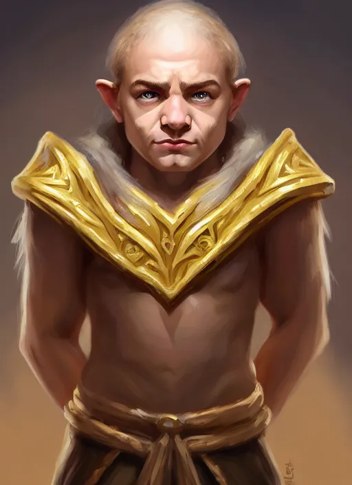 Prompt: symmetry!! oil painting digital art dungeons & dragons facial portrait of a caucasian halfling male cleric, with a ponytail, white robe with gold accents, white and brown robe with gold accents, necklace of a footprint, elegant, highly detailed, digital painting, artstation, concept art, sharp focus, illustration