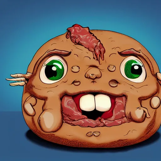 Image similar to big chungus big eyes wide open, horrific sentient meatloaf, holding meatloaf, sloppy, gross, meatloaf, hyper realistic, terrifying, disturbing, strange, bizarre, masterpiece, meatloaf is everywhere, ground beef bloody, liquid, 4 k, vivid colors, elegant, highly detailed, john park, frazetta, john howe, ruan jia, jeffrey catherine jones