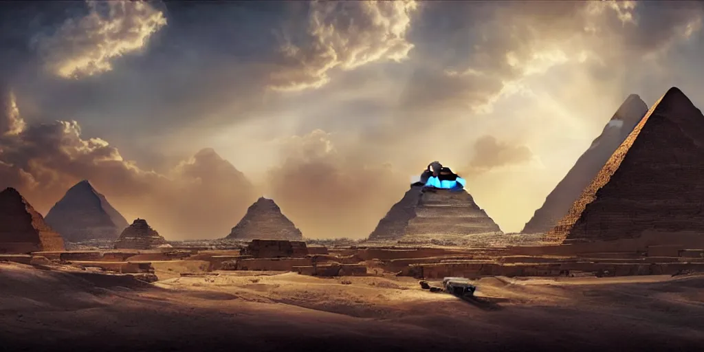 Prompt: beautiful egyptian landscape, pyramid, gorgeous clouds, god rays, digital art, landscape, fantasy art, octane render, ureal engine, high detail, very realistic, by greg rutkowski. by james gurney