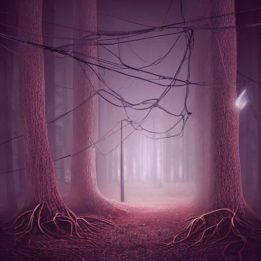 Prompt: mushroom, trees, wires, nightmare like dream, scary, dramatic lighting, 3 d digital art