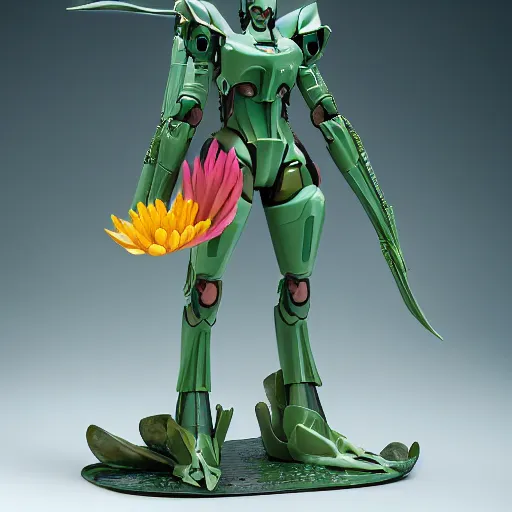 Image similar to futuristic nymphaea themed mecha waterlily upper body, flower sepals forming helmet, evangelion, nymphaea, 8 k hd resolution, barbatos gundam textured with waterlily pads, bandai box art, star wars, makoto kobayashi, frank gehry, raymond swanland