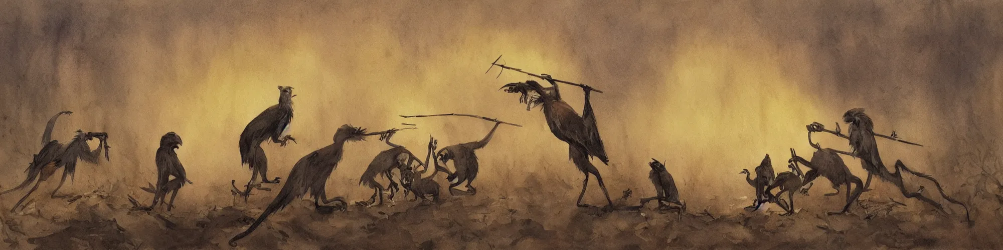 Prompt: battle scene with squabbling long - eared crow - monkeys with pitchforks and capes | tonalist, art nouveau, inks, watercolor wash, vibrant colors, pyrrol scarlet, chiaroscuro, grisaille, mud, high contrast, backlighting, dust, golden hour