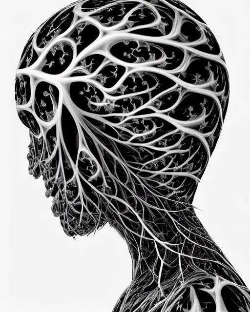 Prompt: a contrasted black and white 3D render of a beautiful female vegetal-dragon-cyborg, 150 mm, orchid stems, ivy, Mandelbrot fractal, anatomical, flesh, facial muscles, microchip, veins, arteries, full frame, microscopic, elegant, highly detailed, flesh ornate, elegant, high fashion, rim light, octane render, 8K in the style of Man Ray