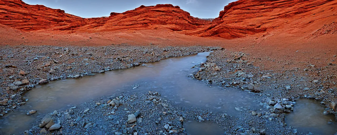 Image similar to A river on Mars, canyon, landscape photograph, award winning, highly detailed