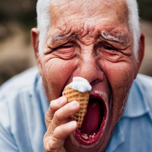 Image similar to portrait of an elderly man screaming at an icecream, canon eos r 3, f / 1. 4, iso 2 0 0, 1 / 1 6 0 s, 8 k, raw, unedited, symmetrical balance, wide angle