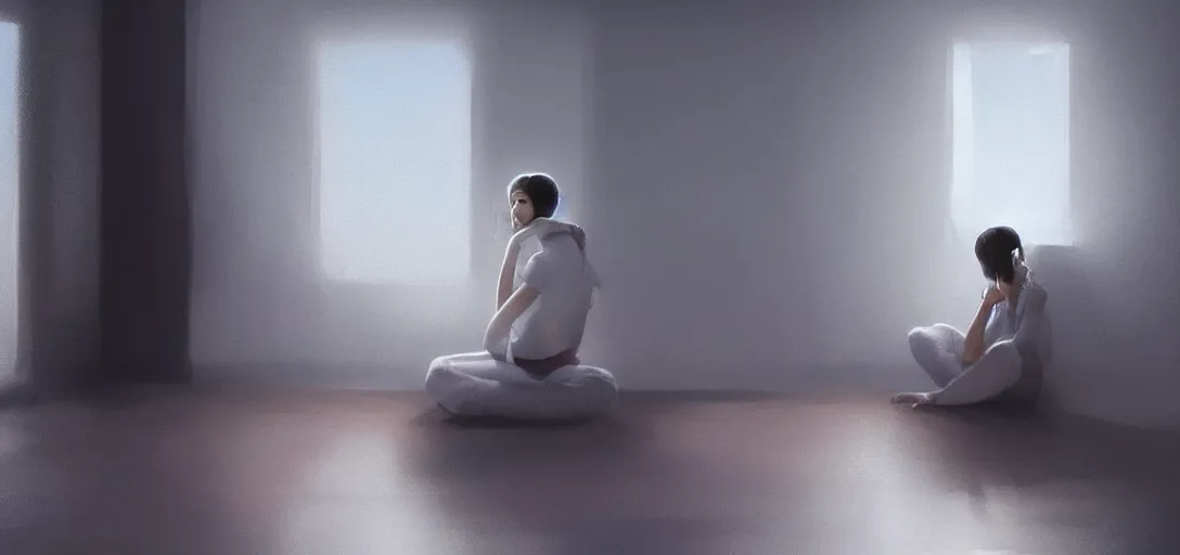 Image similar to Young Himalayan woman sitting concerned in an empty room with a sense of dread and loneliness | night time scene, plain walls |somber white eyes, long ashy hair | gentle lighting, futuristic, dim lighting, digital art by Makoto Shinkai ilya kuvshinov and Wojtek Fus, digital art, concept art,