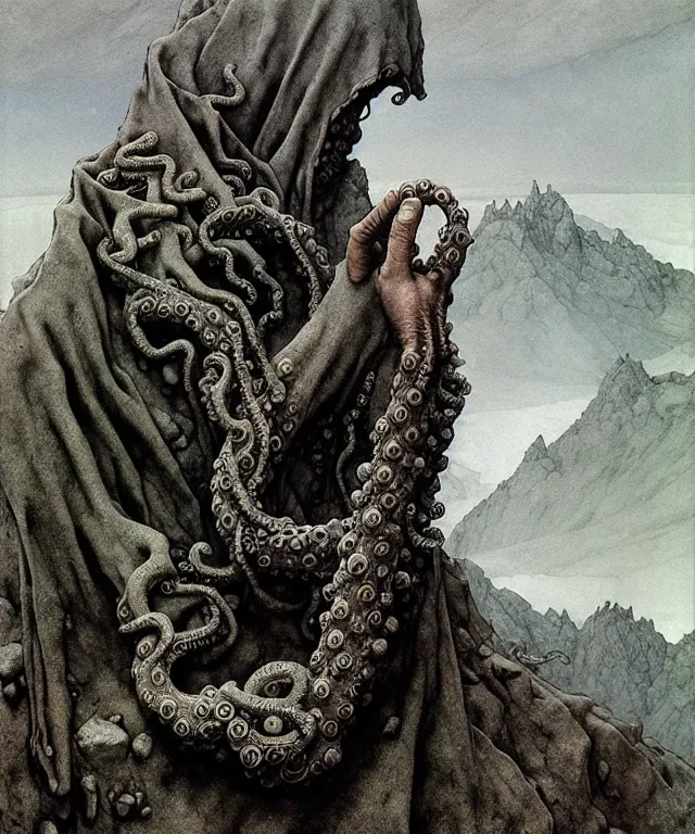 Image similar to A detailed gray-eyed tentacleheaded human stands among the mountains with a pebble in hands. Wearing a ripped mantle, robe. Extremely high details, realistic, fantasy art, solo, masterpiece, art by Zdzisław Beksiński, Arthur Rackham, Dariusz Zawadzki